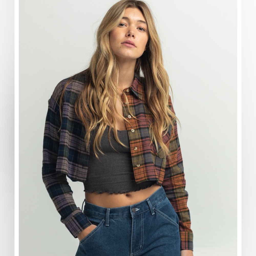RSQ Womens Plaid Spliced Cropped Flannel Size Small